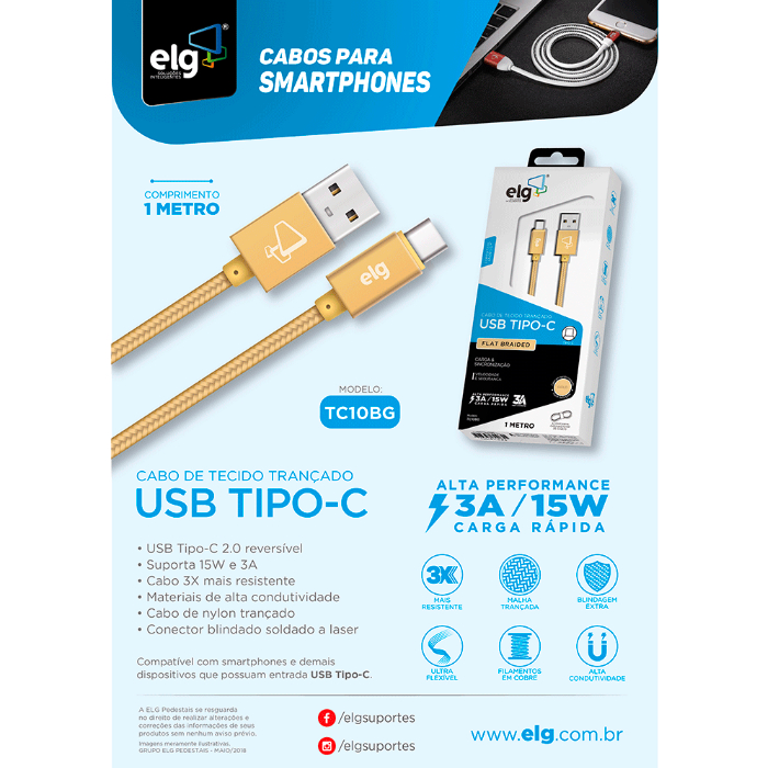 Cabo ELG USB Tipo C 1M Recarga e Sincronização TC10BG Gold_2